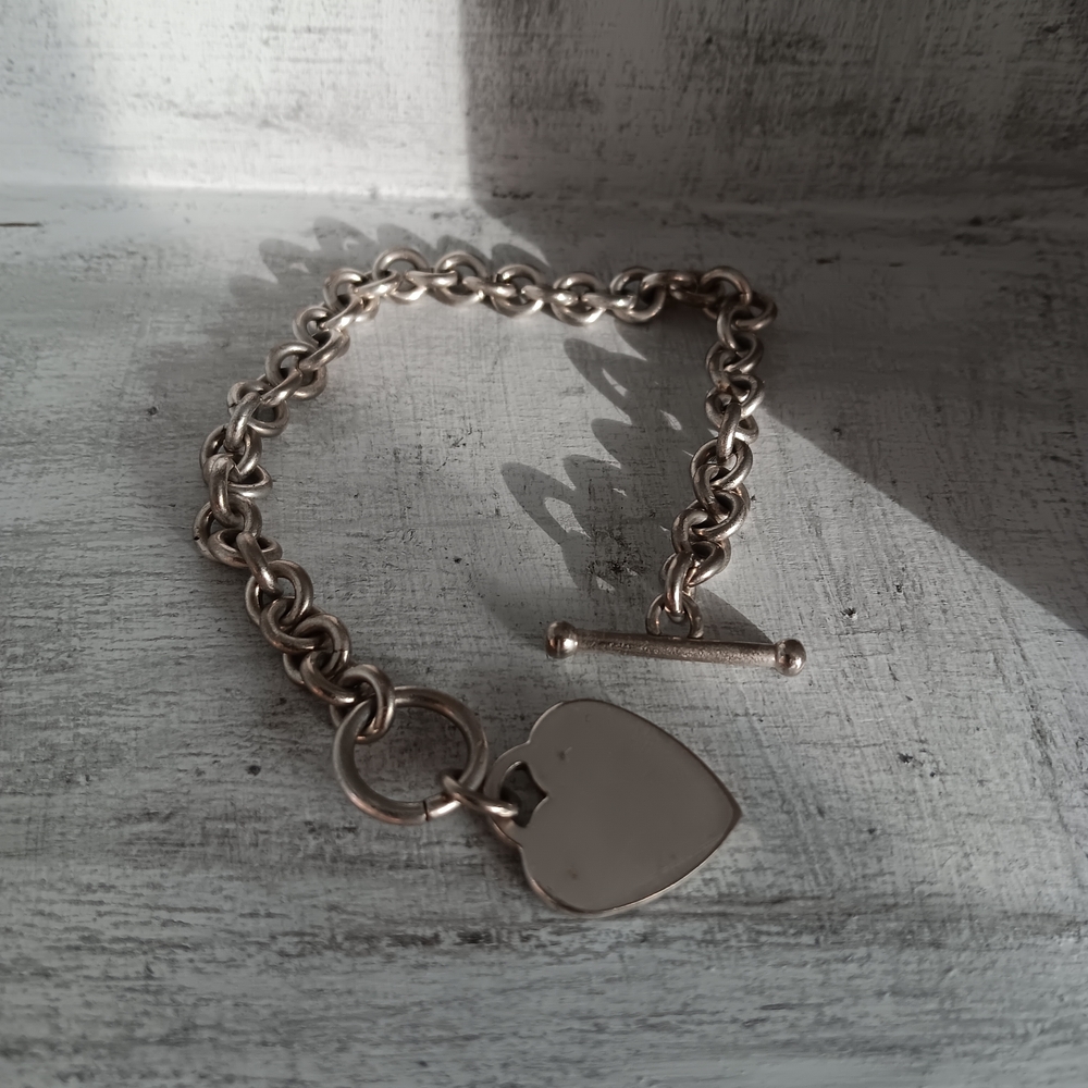 Vintage 925 Sterling Silver Link Toggle Clasp Heart Bracelet